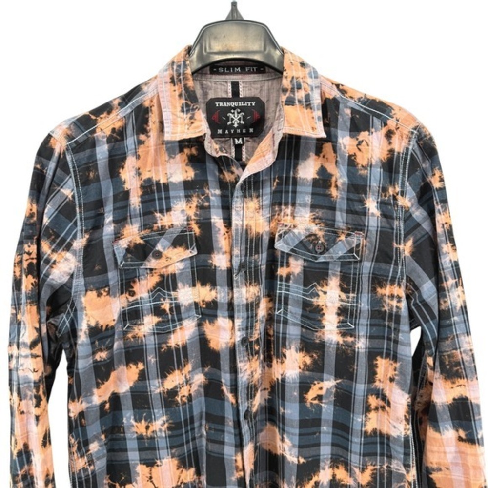 Tranquility Mayhem Mens‎ Medium Slim Fit Pre-Owned Tie & Dye Plaid Shirt Black